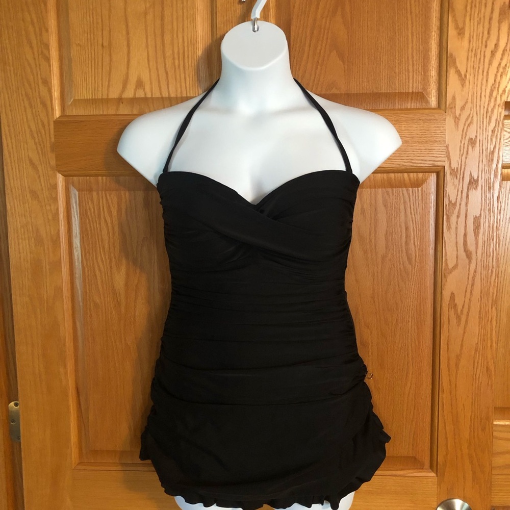 Black Halter Ruched Swimdress NWOT